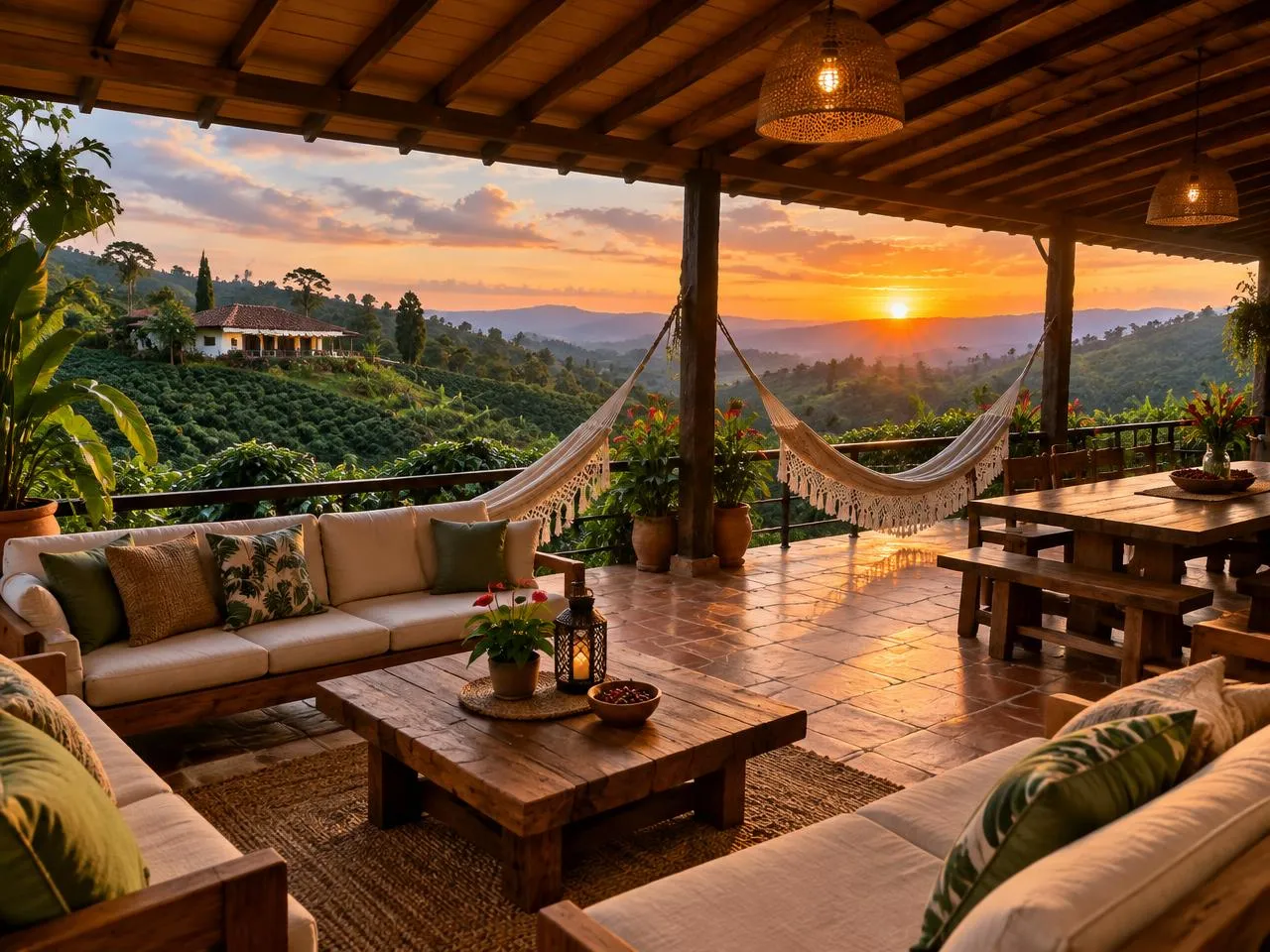 Terraza al atardecer con hamacas